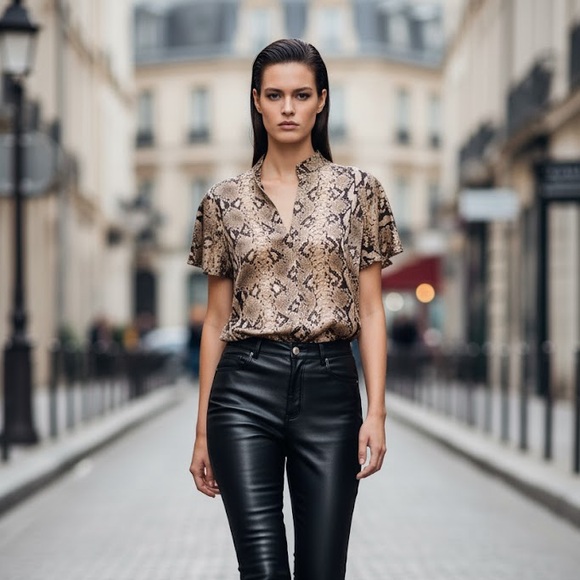 Marina Rinaldi Tops - Marina Rinaldi Italy silky V neck animal print short sleeve pull over